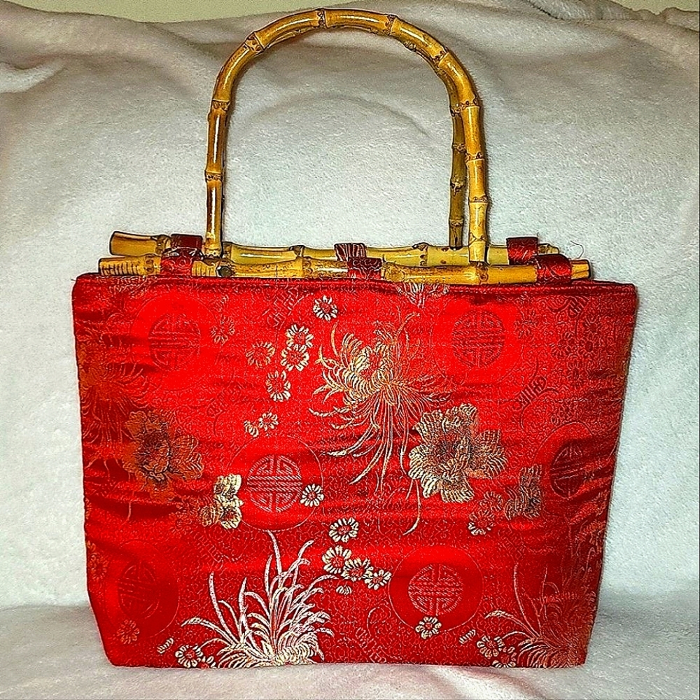 Red Silk Brocade Bamboo Handbag